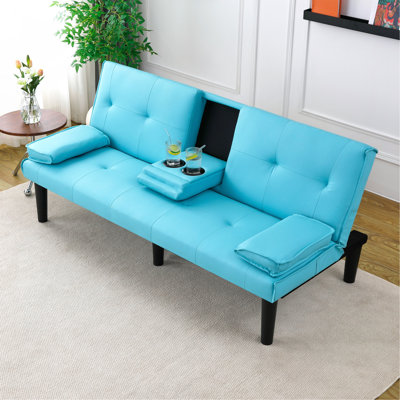The 67" blue PVC multi-functional Sofa Bed, with a foldable and cup holder design, makes it extremely convenient to turn the living room into a guest room