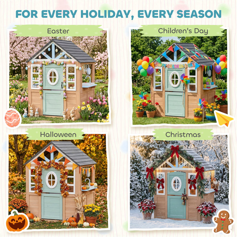 HOMCOM 115.5cm W x 97.3cm D Playhouse with Kitchen