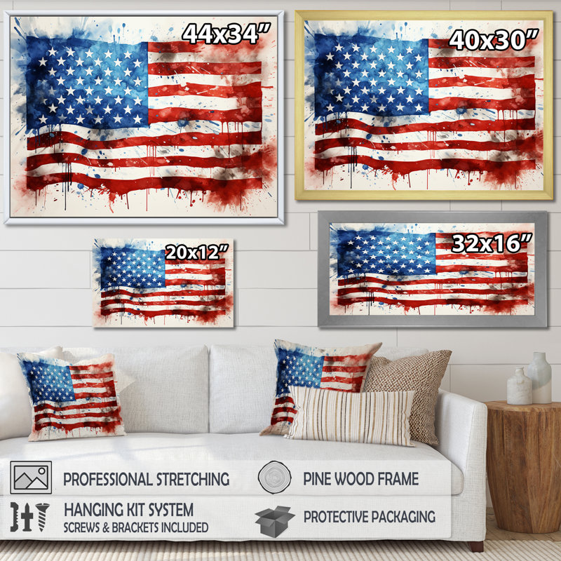 Aquarelle, drapeau américain I - drapeau États-Unis, art mural, Cadre flottant noir, H 24 po x l 32 po x P 1 po