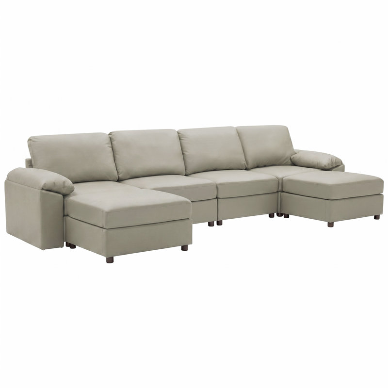 Canapé modulaire moderne avec repose-pieds en cuir de polyuréthane Marybelle Marybelle, Beige Faux Leather