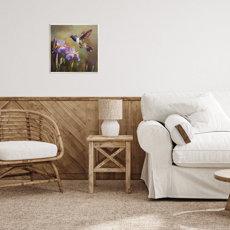 Plaque murale colibri et iris mauves, design par Tina LeCour