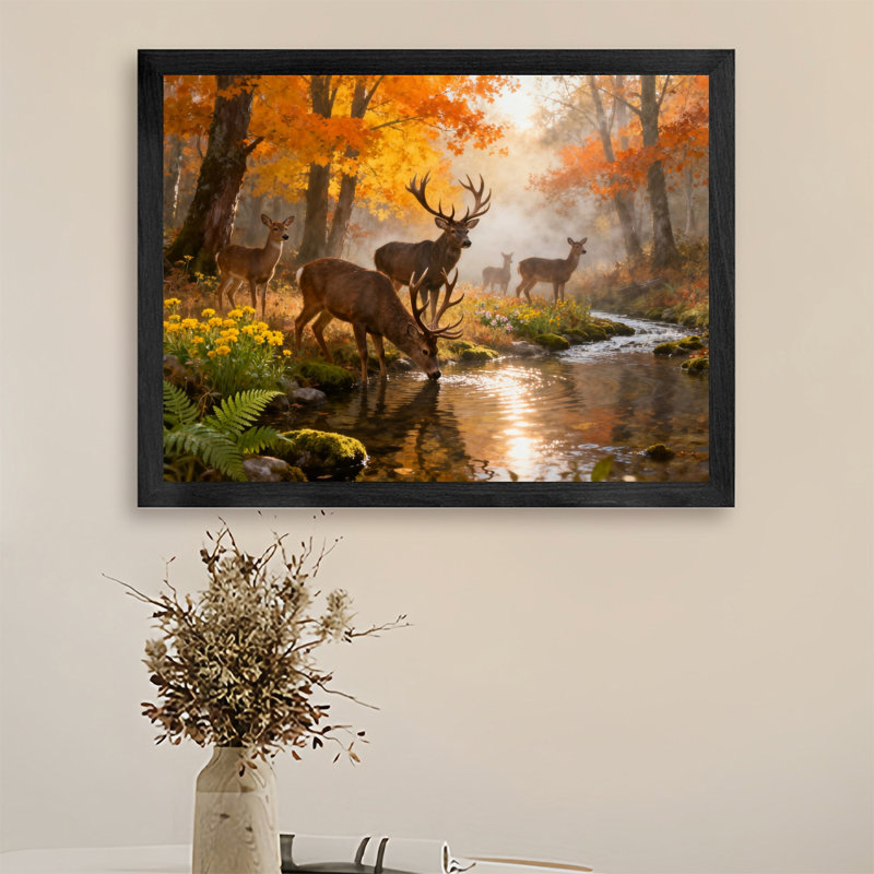 Reproduction d'art encadrée noire rétro «The Herd of Deer in the Autumn Forest», H 25 po x l 37 po