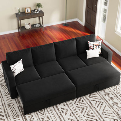 Velvet Chenille 4-Seat Sofa Pull out Sofa Bed Modular Sectional Couch Convertible Livingroom Sleeper