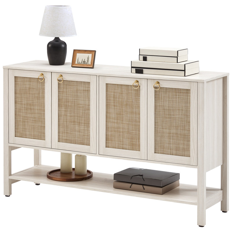 Rattan Sideboard Buffet Cabinet – 4-Door Storage with Adjustable Shelves, Boho Console for Kitchen or Hallway