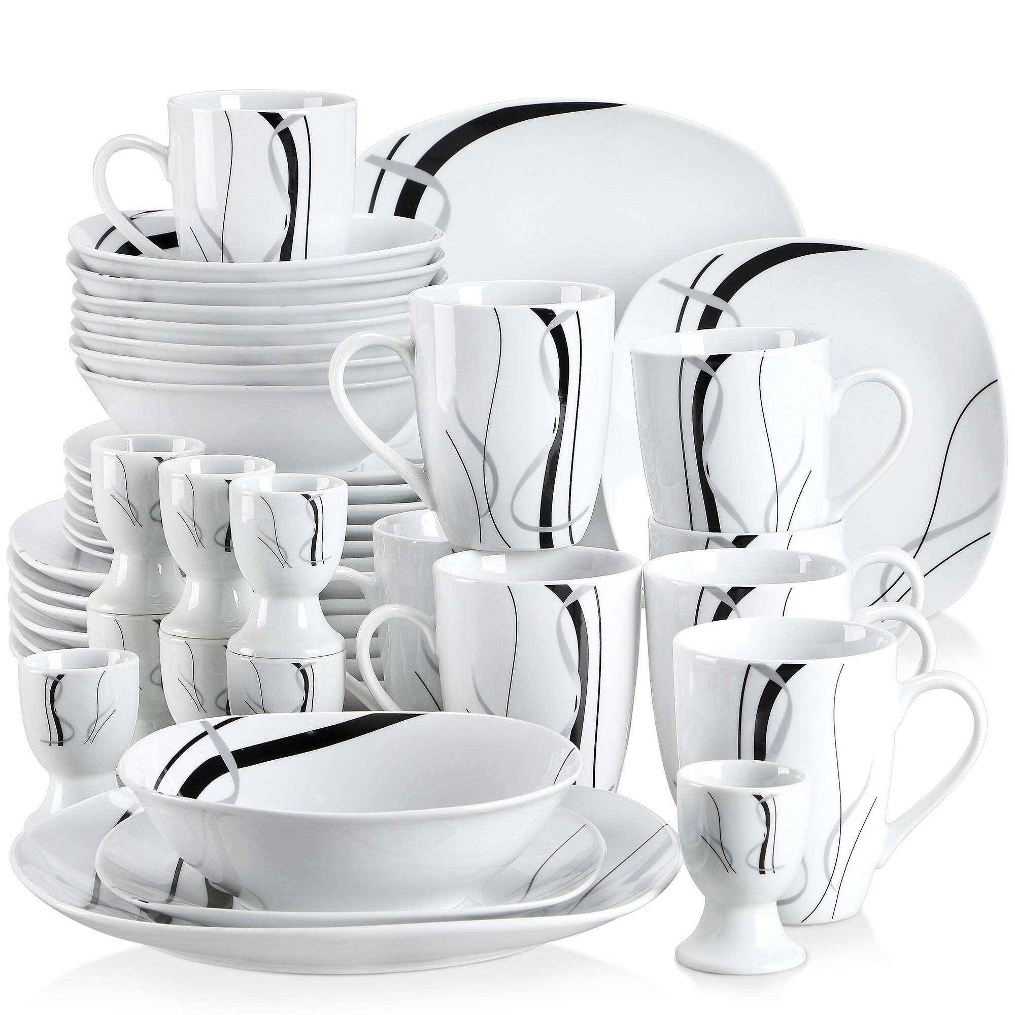 VEWEET, Series Fiona, 30-Piece Dinnerware Sets for 6, White Dishes Set with  Black and Gray Stripes, Porcelain Dinner Set Including Dessert Plates