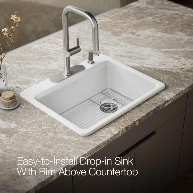 Riverby® 27" L x 22" W Drop-In Kitchen Sink, White, 4 Hole