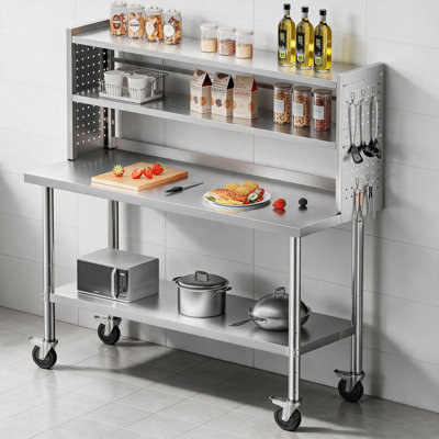 NSF 60" Stainless Steel Prep Table with 4 Wheels Commercial Work Table with Side Pegboard Panels Heavy Duty 2-Tier Adjustable Overshelf Workbench