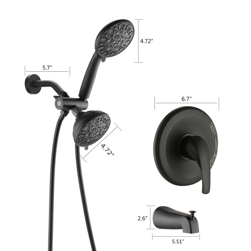 Matte Black Wall Mounted Shower System With Dual . 7 Spray Modes Head & Hand Shower. All Metal. 1.8 Gpm Flow Rate. 59" Hose. 1/2" Connection. Tub Spout Included . High 2 In 1 Metal Structure.