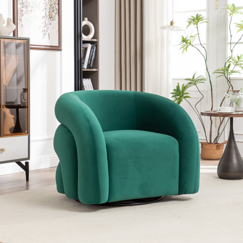 Fauteuil demi-tonneau pivotant rembourré Coyle, Velours vert foncé, 1