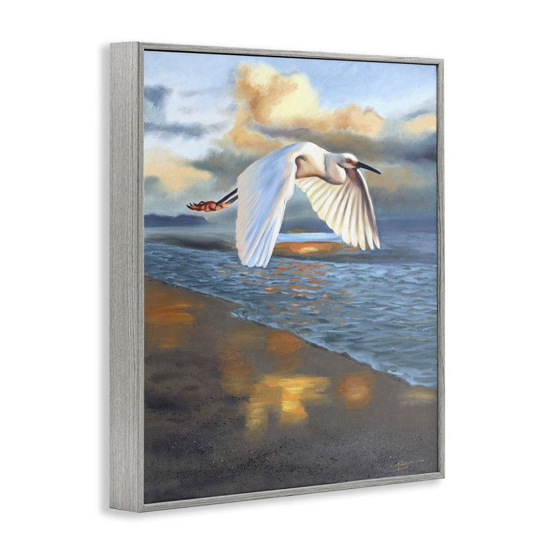Egret Wingspan au-dessus de la plage, estampe numérique par D. Rust, Estampe numérique Farmhouse, H 14 po x l 11 po