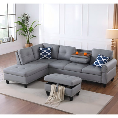 98" L-Shaped Sectional Sofa With Storage Ottoman,Modern Faux Leather 4-Seat Couch With 2 Built-In Cup Holders,Nailhead Trim,And 2 Toss Pillows
