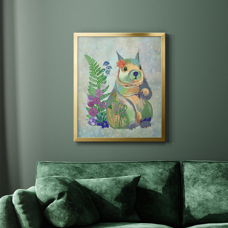 «Fantastic Florals Squirrel», toile encadrée de qualité supérieure - prête à être accrochée, Cadre doré à coins fermés