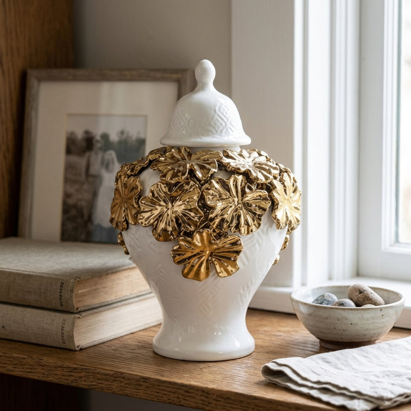 Rosa Handmade Gold Ceramic Ginger Jar with Lid, 16'' H x 9.8'' W x 9.8'' D