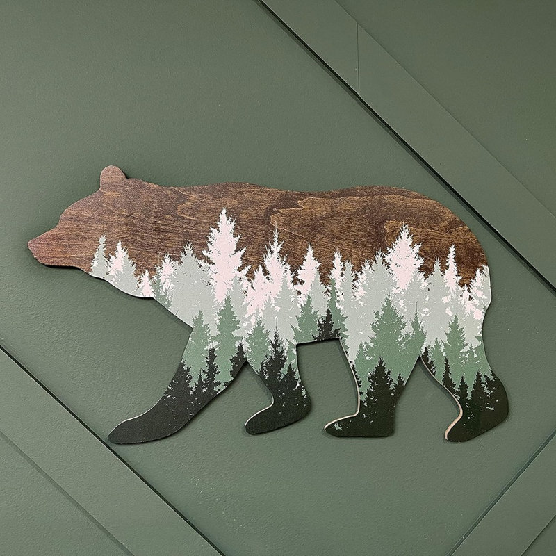 Plaque murale «Forest Bear» - noyer foncé avec des pins verts - décor de bois rustique pour chambre de bébé, chambre à coucher, chalet, bureau ou grotte d'homme