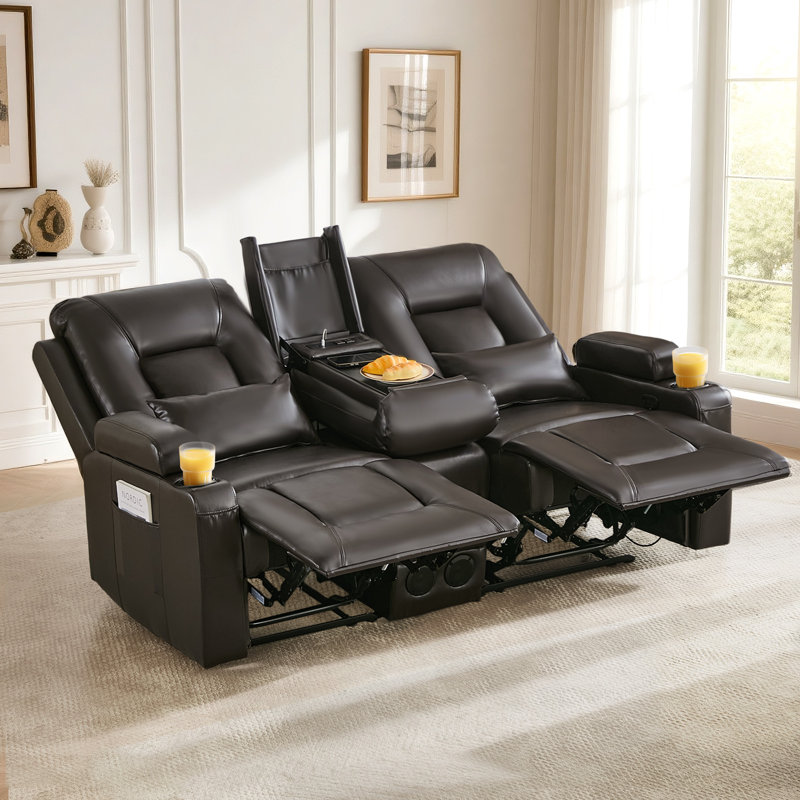 Causeuse inclinable manuelle avec console centrale rabattable, ports de charge, haut-parleurs Bluetooth et porte-gobelets