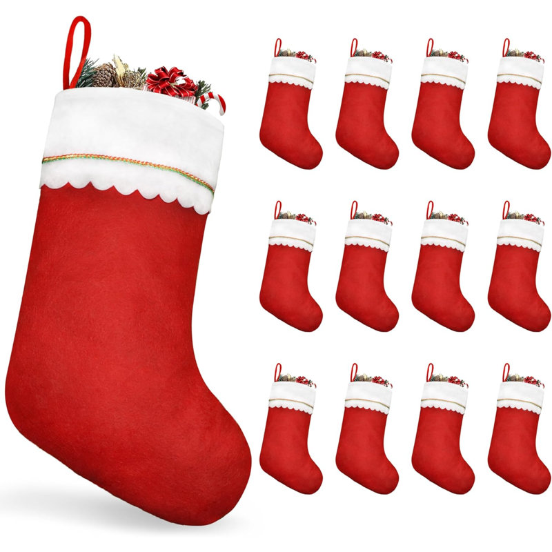 12 pièces de bas de Noël, bas de Noël rouges et blancs de 19 po, bas de Noël traditionnels en vrac avec garniture dorée pour décoration d'escalier de cheminée de Noël