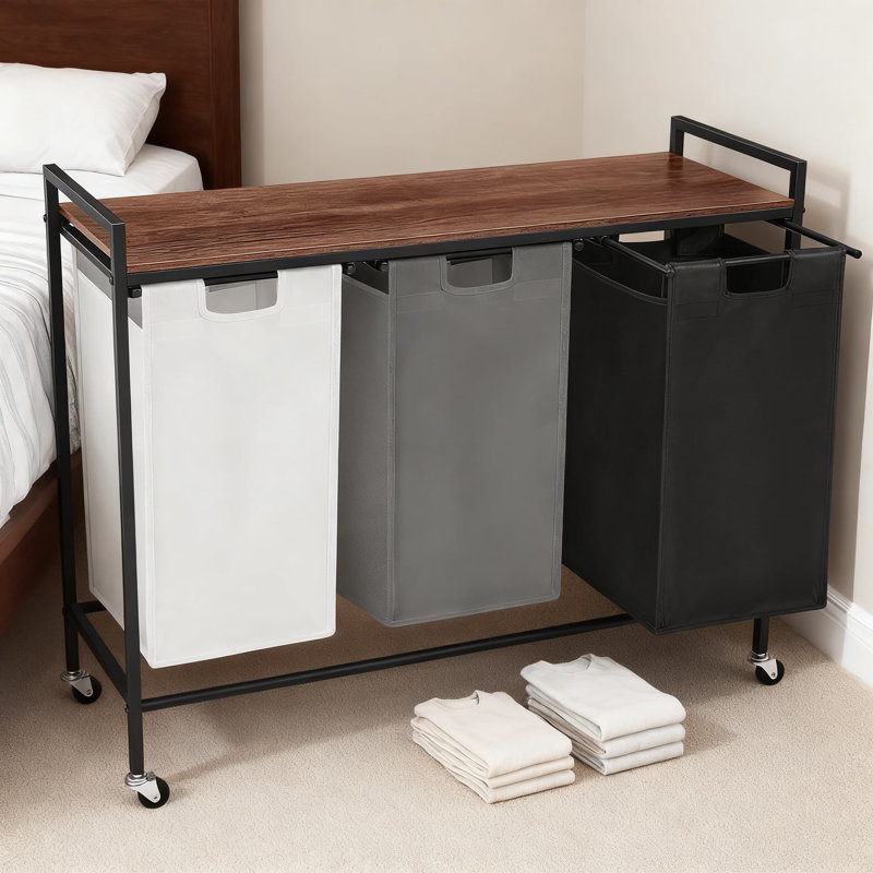 3-Section Rolling Laundry Sorter With Removable Shelves And Lid, Multi-Compartment Laundry Hamper Organizer With Rustic Wooden Top