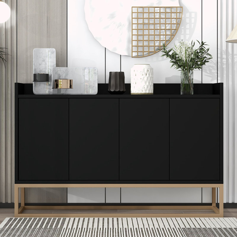 Console en bois avec grand espace de rangement, pieds en métal doré, Noir, noir, noir, noir, 31.5" H x 47.2" W x 11.8" D