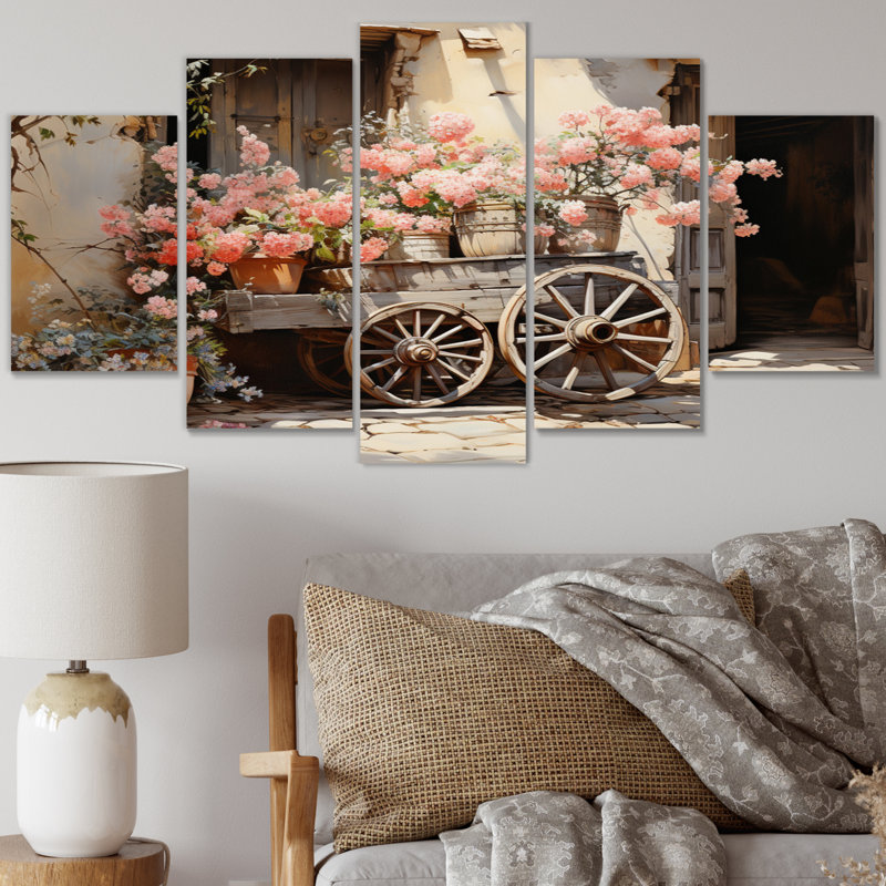 «Pink Old Cart Wheels», impression sur toile «Old American Cart» - 5 panneaux
