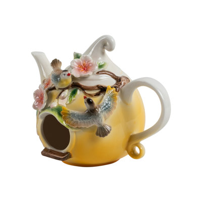 Hanging Porcelain Teapot Birdhouse with 2 Blue & Yellow Birds "Blythe"