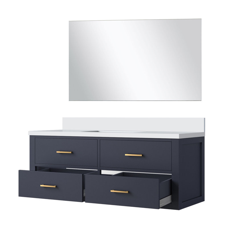 Meuble-lavabo simple bleu l 48 po x P 22 po, comptoir en marbre de culture et miroir 43 po