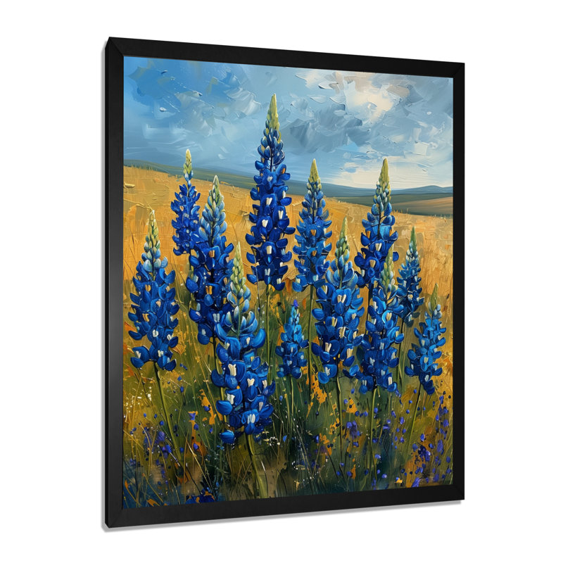 Bleu vert Rolling Meadows Blue Bonnets - Blue Bonnets Wall Art Living Room, Cadre simple noir, H 34 po x l 44 po