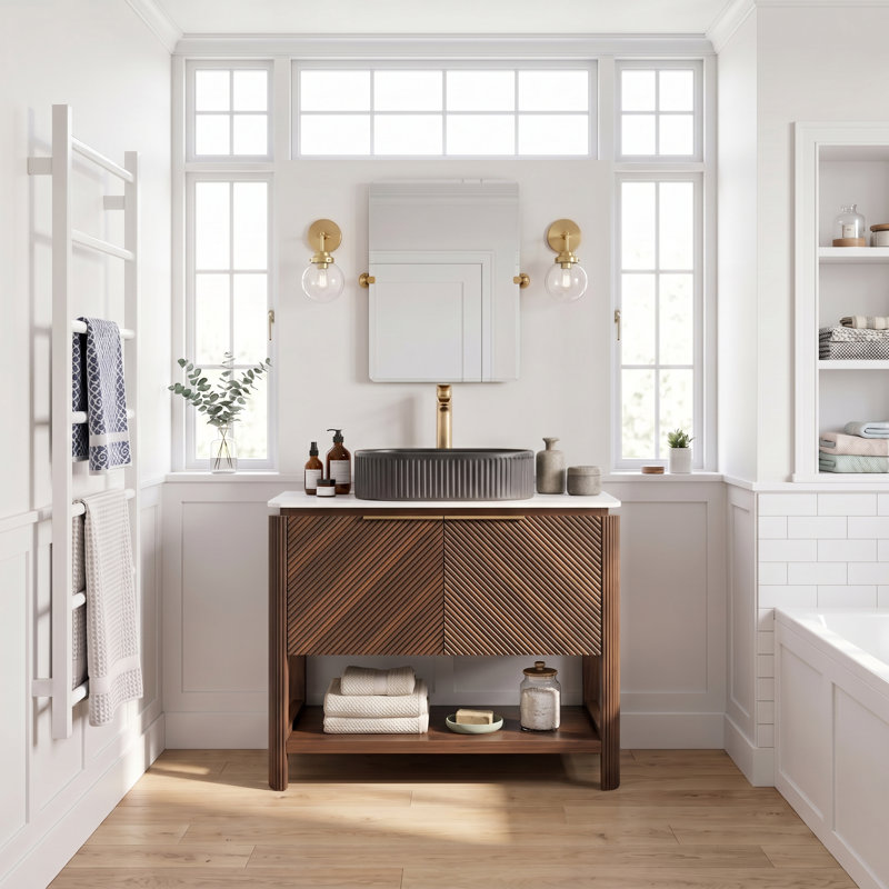 Meuble-lavabo sur pied 36 po en noyer foncé, plateau en pierre frittée et lavabo ovale en céramique rayé noir, 2 portes diagonales rayées avec tablette de rangement ouverte