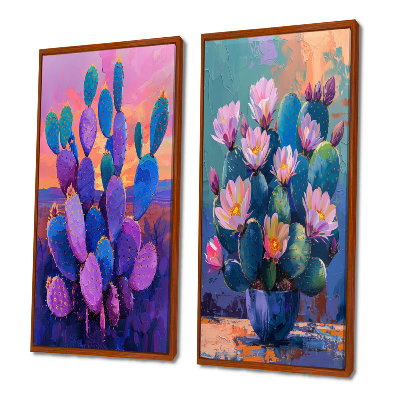 Cactus mauve et bleu, coucher de soleil Vibes I - ensemble de 2 pièces de cactus floral, H 40 po x l 40 po, Brun