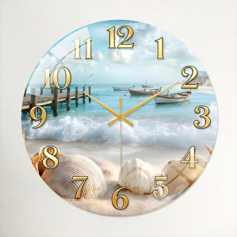 «Beach Scene», horloge murale en verre, 40 x 40 cm (15,7 x 15,7 pouces)