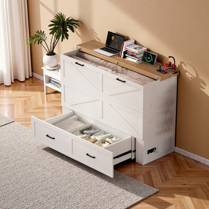 Élégant grand lit escamotable avec station de charge - Armoire de rangement de style campagnard pour chambres d'amis et petits espaces