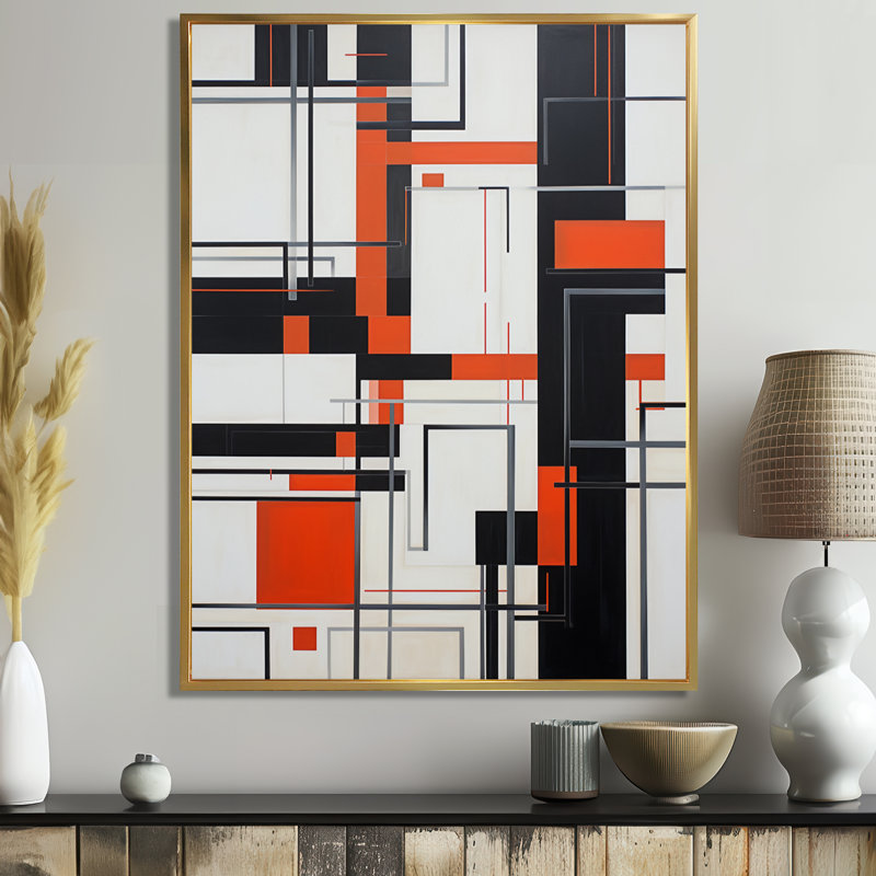 Art moderne mural géométrique modernisé, H 44 po x l 34 po x P 1,5 po, Toile avec cadre flottant or