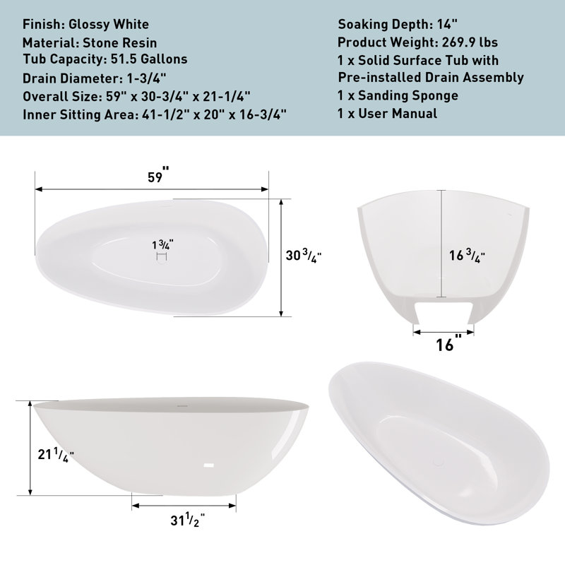 59'' x 31'' Solid Surface Bathtub