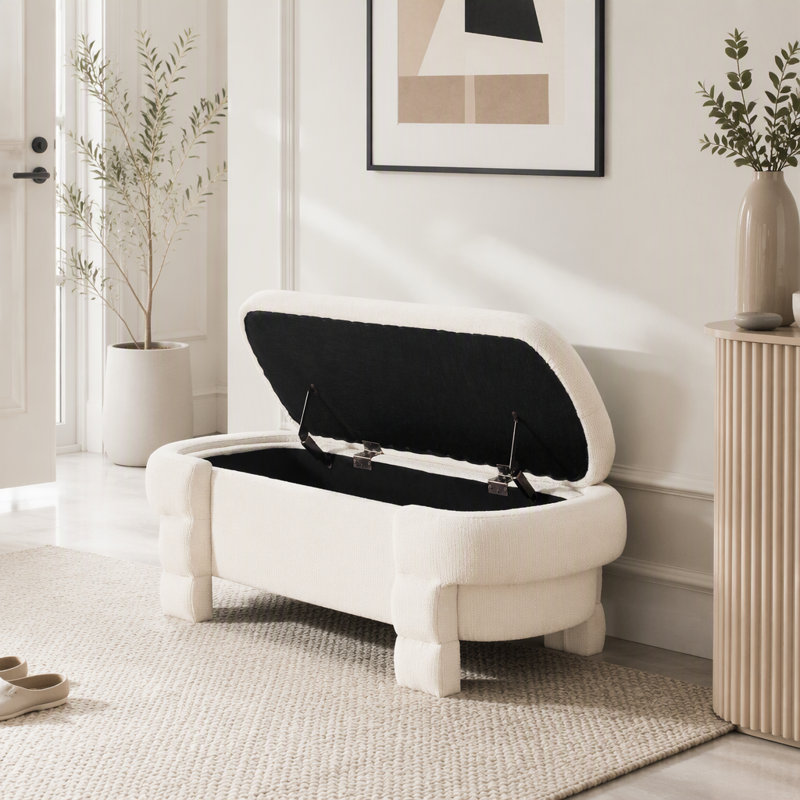 Chenille Upholstered Bench, Beige