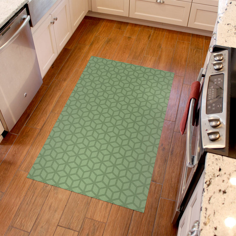 Tapis de cuisine à profil bas Un-Rug Cubics Rube par Matterly, Rectangle 3 pi x 5 pi, Vert