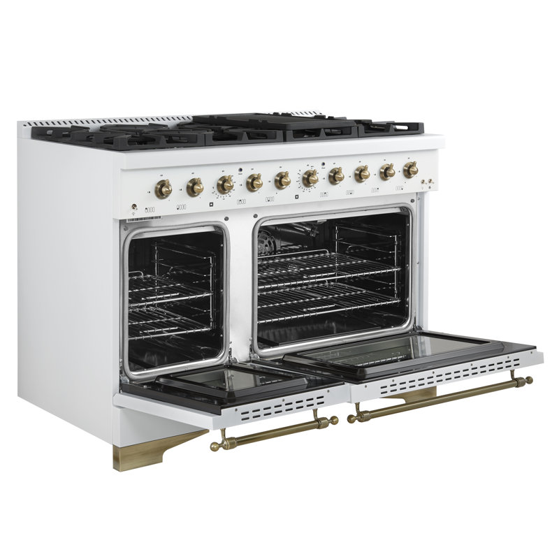 Forno Antico 48-inch Gas Range with 8 Sealed Burners 94,000 BTU, Griddle, 5.5 cu.ft. Double Ovens, Antique Brass Design, Energy Efficient