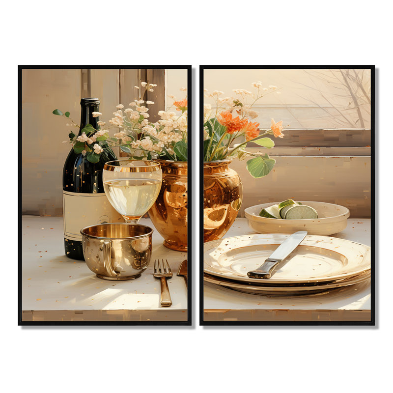 «Beige Wine Essence Kitchen», ensemble de 2 pièces d'art mural sur toile, 36" H x 48" W, Impression encadrée flottante, Black