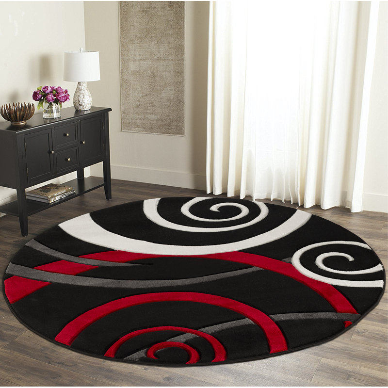 Tapis noir / rouge à motif abstrait Adonia, Rond 8 pi 1 po