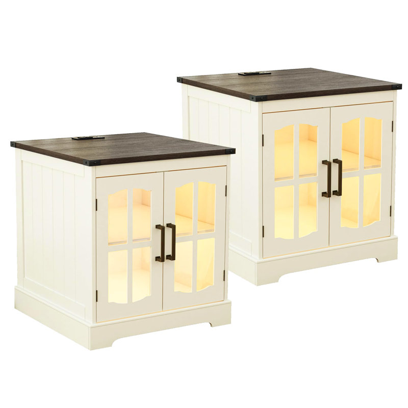 Table de bout à DEL avec porte en verre 23,6 po et 2 portes (ensemble de 2), Blanc, Couleurs claires
