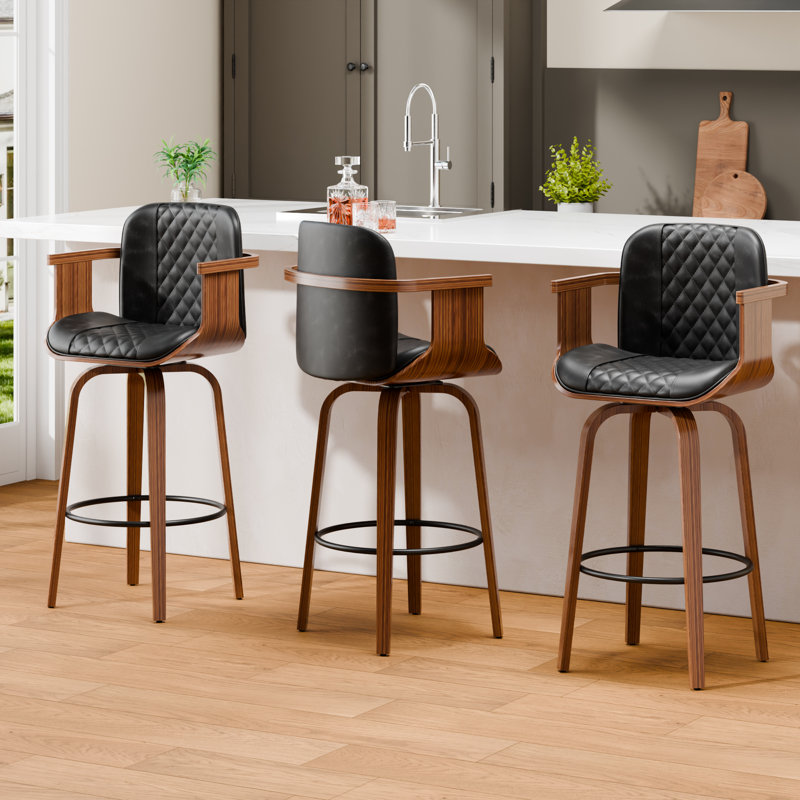 26'' High-back Swivel Bar Stool With Footrest Set Of 3, Black, 3