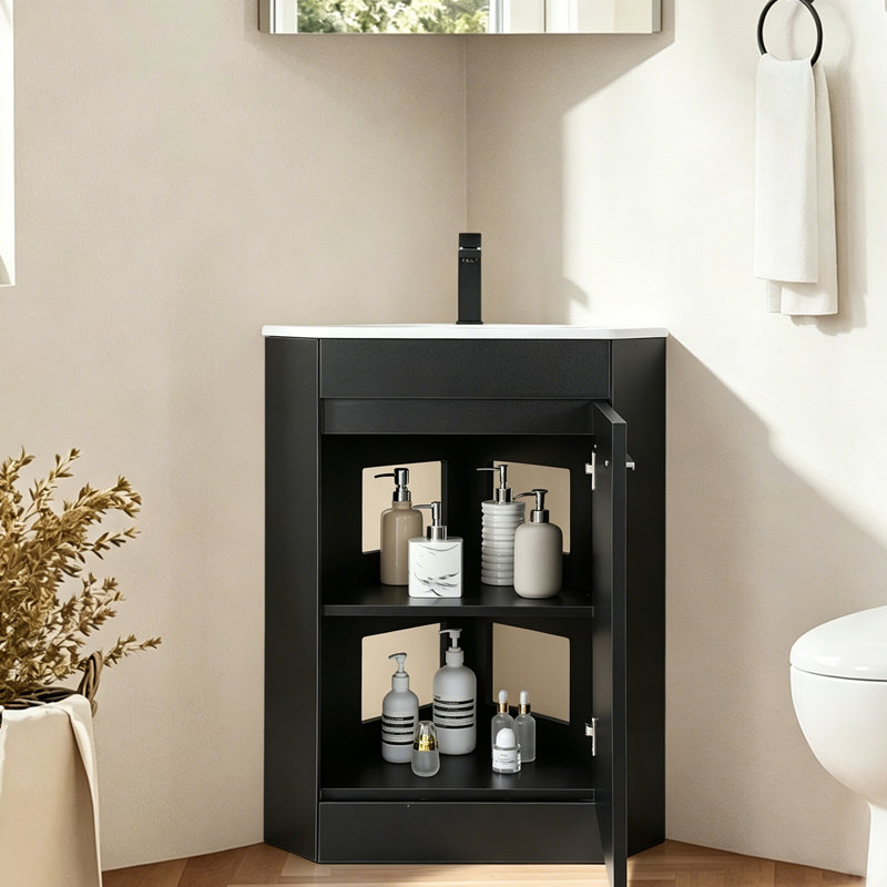 Meuble-lavabo d'angle moderne noir mat de 45,7 cm (18 po) avec lavabo en céramique intégré