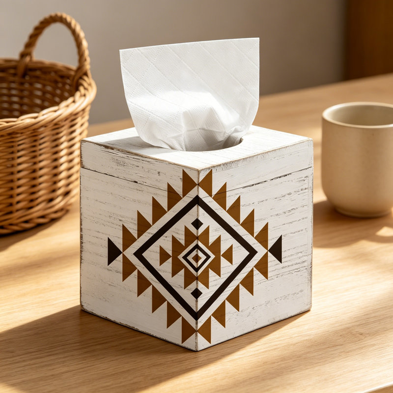 Couvercle de boîte à mouchoirs en bois de style sud-ouest avec motif aztèque, style cube mexicain rétro pour décoration intérieure, salle de bain et salon