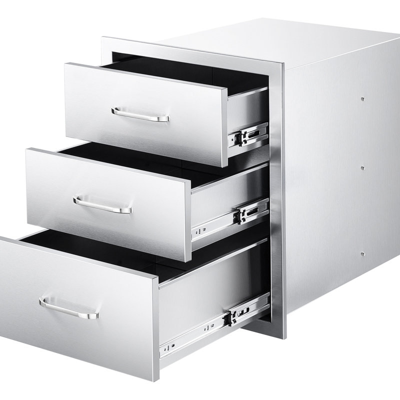 Tiroirs pour barbecue 46 cm (l) x 59 cm (p) x 59 cm (h), en acier inoxydable pour usage extérieur, accès triple avec poignées, grand espace de rangement, surface brossée lisse, facile à nettoyer.