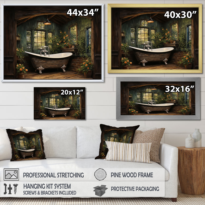 «Bathroom Rustic Woodland Retreat II», impression sur toile encadrée pour salle de bain, H 24 po x l 32 po x P 1 po