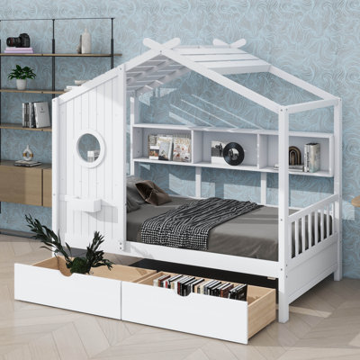Wooden Twin Size House-Style Bed With 2 Drawers, Incorporating Storage Shelf