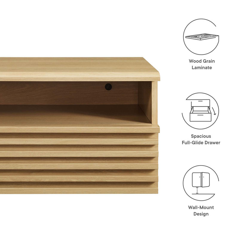 Oak Mid-Century Modern Wall-Mount Nightstand with Drawer