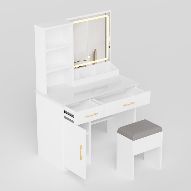 Bureau de coiffeuse blanc avec miroir lumineux, prise de courant et tiroirs de rangement