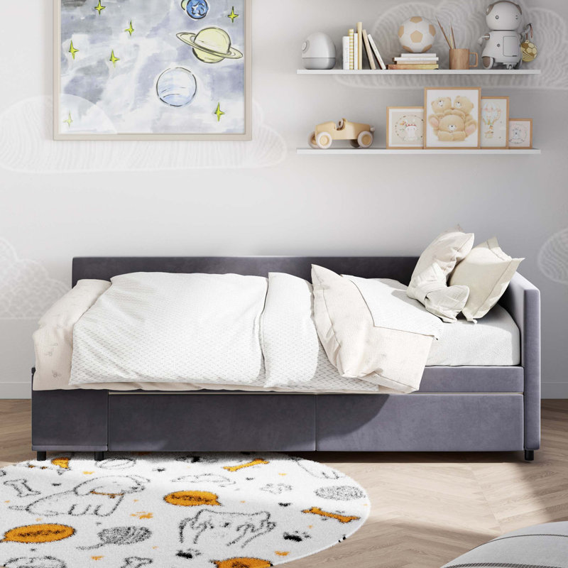 Lit plateforme simple tapissier en forme de L avec rangement et tiroirs