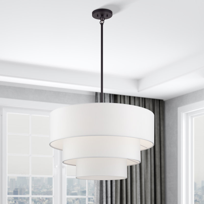 Lustre suspendu moyen en bronze 5 lumières avec abat-jour rigide en tissu blanc cassé fabriqué à la main, Bronze, 5