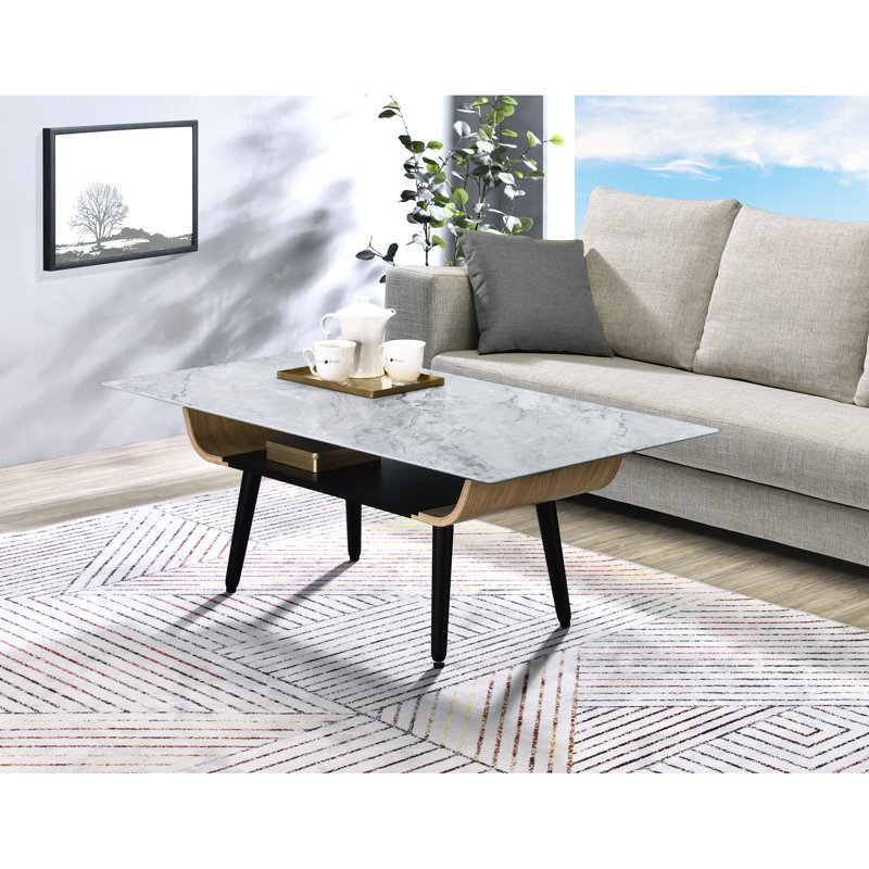 47" Coffee Table With 3-D Printed Surface, Gray Marble & Bent Wood Textured Top, Marble, Solid Black Legs