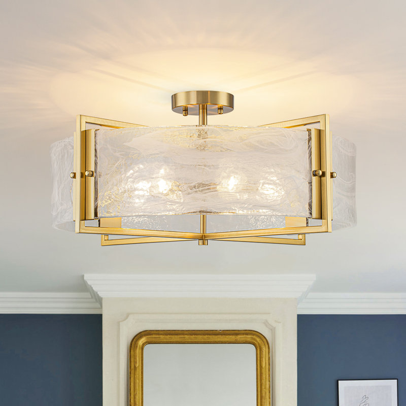 Akosita 6-Light White Mist Glass Drum Semi-Flush Mount, Brushed Gold